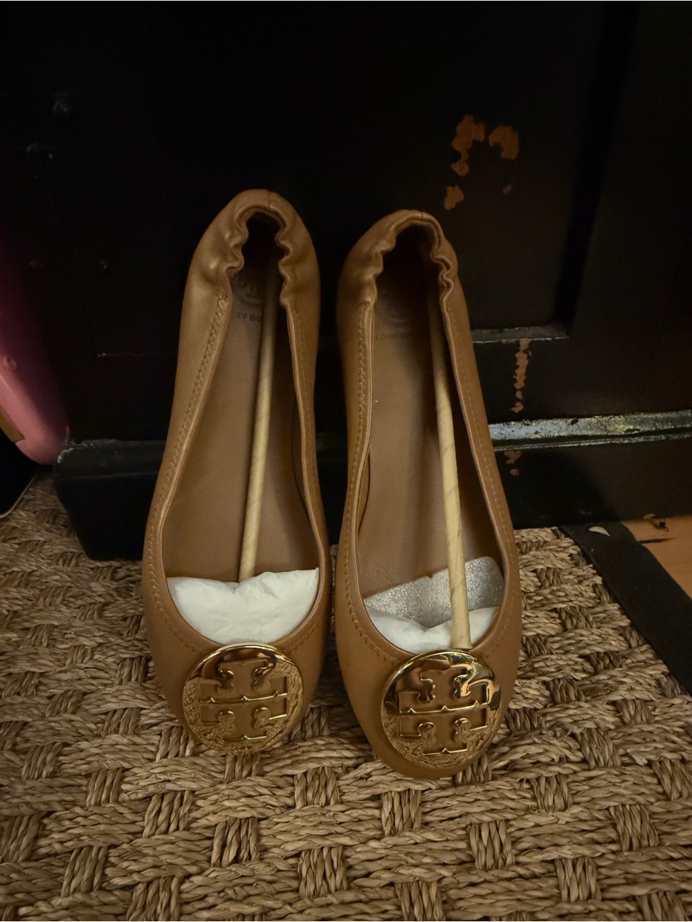 Tory Burch Tan Leather Ballet Flats with Gold Logo